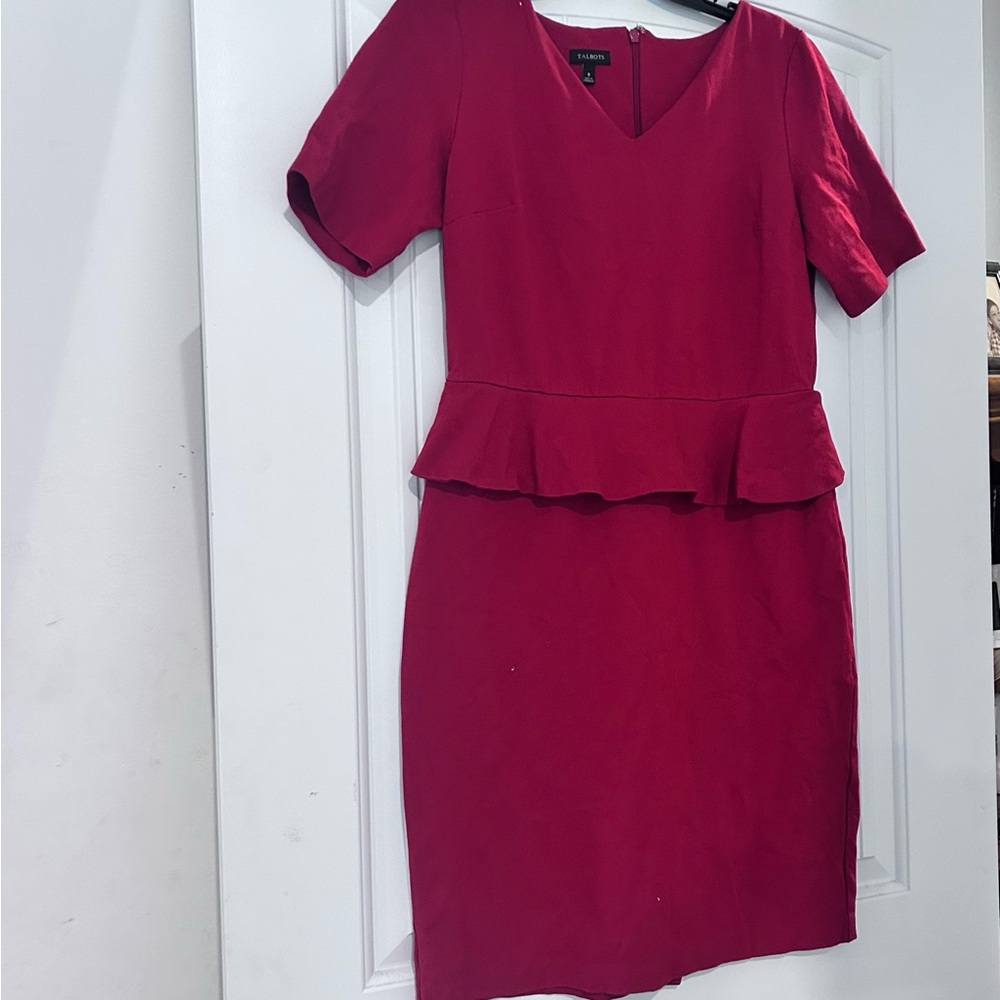 Talbots Raspberry Red V-Neck Peplum Midi Dress